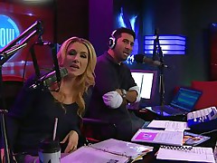 The hosts of Playboy Radio's Morning Show are looking at their guest model who is wearing the dress she'll be wearing to the Playboy Mansion for Halloween. Her head and tits are overspread in fake fruit like oranges, limes, lemons, and more. This babe flashes her meatballs for the hosts and viewers.